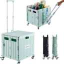 Folding Utility Cart Portable Rolling Crate Handcart Shopping Trolley Collapsible Tool Box, with Lid, on 4 Rotate Wheels, for Grocery, Shopping, Office, Camp, Teacher (Green)