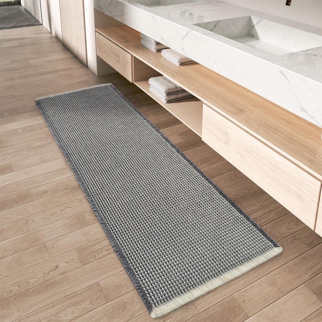 AMOAMI Upgraded Waffle Runner Rug Super Absorbent Non Slip Bath Mats for Bathroom Machine Washable Bathroom Runner Rug with Tassels, Ideal for Hallway Bedroom Laundry Room, 2' x 4', Darkgrey & Cream