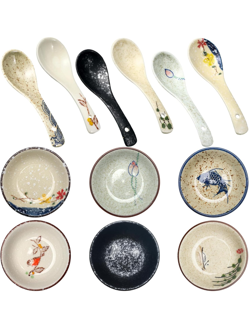 Tioncy Set of 12 Japanese Retro Style Tableware Soy Sauce Dish Set 6 Pcs Asian Soup Spoons 6 Pcs Ramen Appetizer Plates 3.8 Inch Japanese Rice Spoon for Sushi Sauce Snack