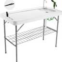 Folding Fish Cleaning Table Portable Camping Sink Table with Faucet Drainage Hose & Sprayer Outdoor Fish Fillet Cleaning Station with Grid Rack & Knife Groove for Picnic Fishing, Grey