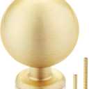 QOGRISUN 10-Pack Solid Brass Cabinet Knobs, Round Ball Gold Knobs for Dresser Drawer, 1.1-Inch Diameter, Sphere Cabinet Pulls, Brushed Brass Finish