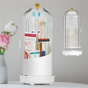 Dustproof Toothbrush Holder, Toothbrush Organizer with 360 Rotating Inner Tray and Sliding Cover, 3-Slot Draining Bathroom Toothbrush Caddy, Vanity Makeup Brush Organizer,White