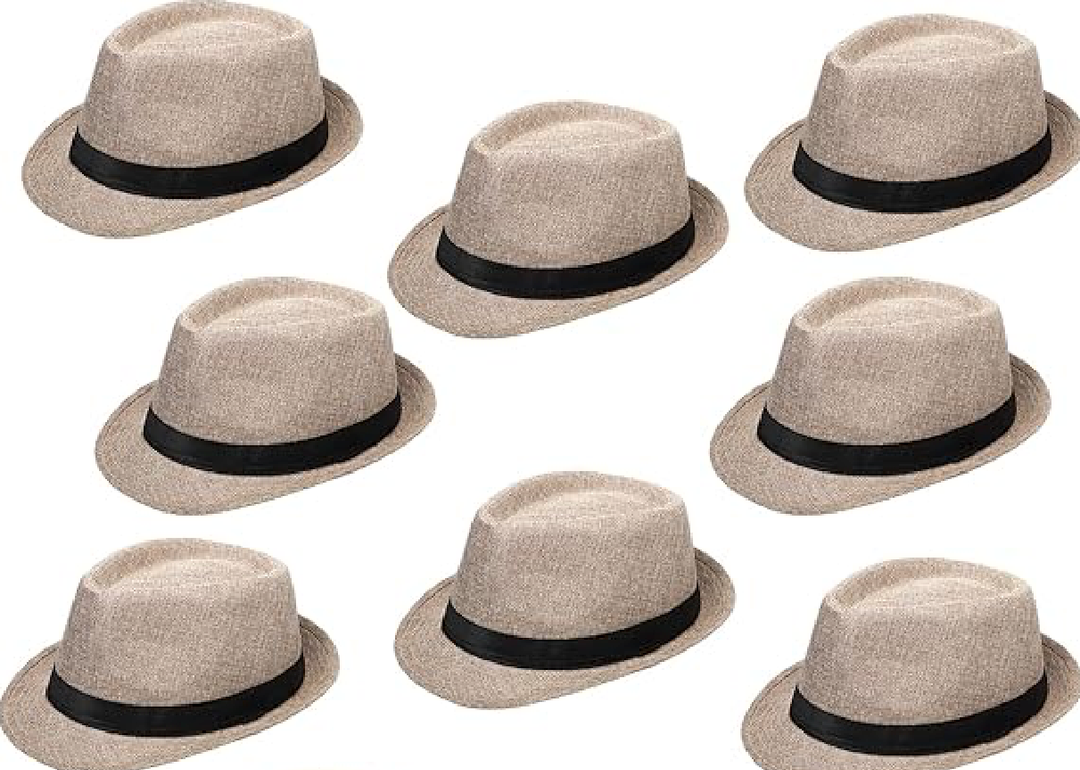 7 Pack Classic Fedora Hat with Short Brim, Straw Panama Style, for Men Women Party Costume, Circumference 60 cm (Beige)