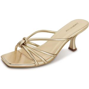 Women's Strappy Square Open Toe Kitten Heels Sandals Knotted Design Summer Fashion Slip On Mule Style (10, Gold Pu)