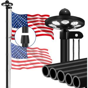 20FT 12 Gauge Heavy Duty Flag Pole Kit with Solar Light,Ground Flag Pole for Outside House Extra Thick Aluminum Flagpoles with 136 Led Light & 3x5 American Flag,110MPH Wind Tested,Black