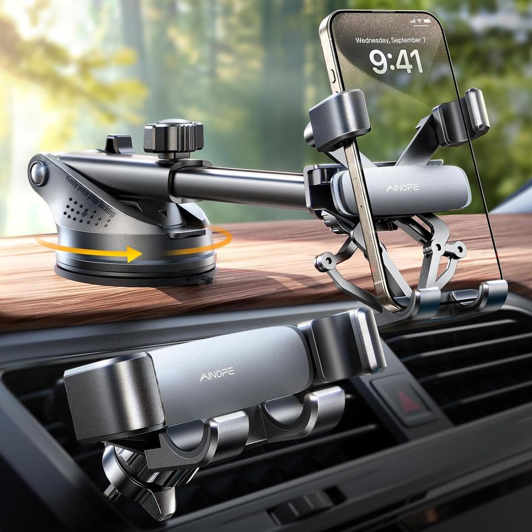 AINOPE Phone Mount for Car 3-1 Gravity Car Phone Holder Mount for Car Dashboard Windshield Air Vent Cell Phone Holder Car for iPhone 15 Pro Max 14 13 12 & All Phones (Silver)