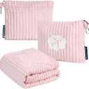 PAVILIA Travel Blanket Pillow in Soft Bag with Pockets, Airplane Blanket Set, Plane Blanket Compact Packable, Flight Essentials Car Pillow, Travelers Accessories Gifts, Luggage Strap, Light Pink (65 x 40 inches)