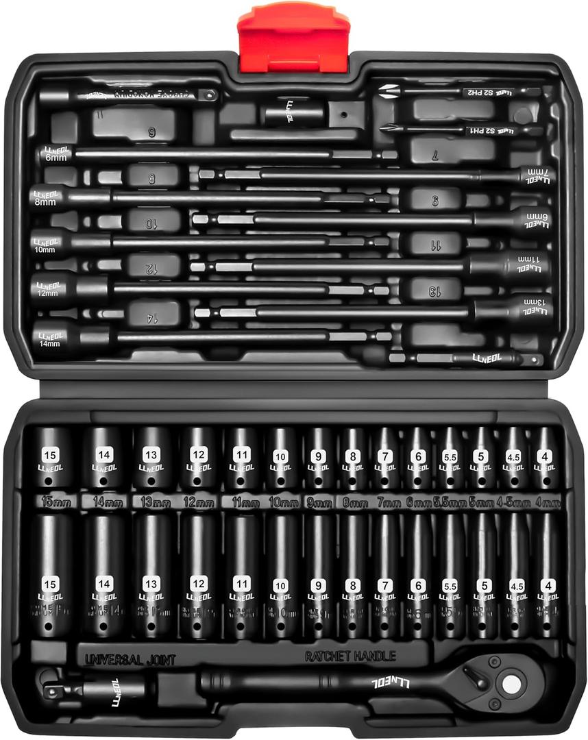 1/4 inch Drive Socket Set & Nut Driver Set 44PCS, Metric Sockets Deep&Shallow (4-15mm) with Ratchet, 6" Magnetic Nut Drivers with 1/4" Hex Shank(6-14mm), Drill Bits (PH1/PH2)