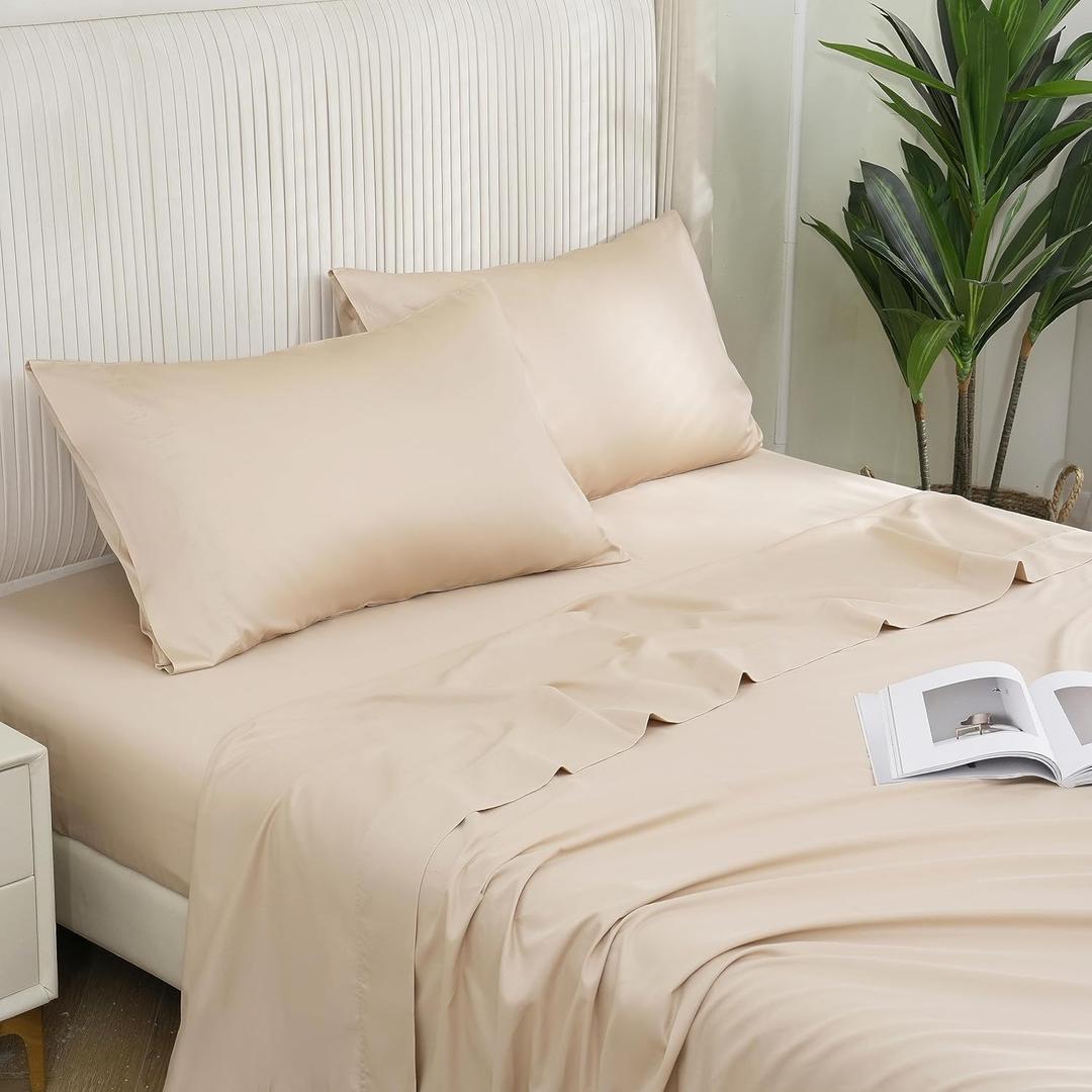 DOWNCOOL King Size Sheets Set - 100% Cotton Sheets, King Sheets Deep Pocket Up to 16", 400 Thread Count Sateen, Silky Soft & Cooling Bed Sheets King Size, 4-Piece Hotel Luxury King Sheet Set Beige