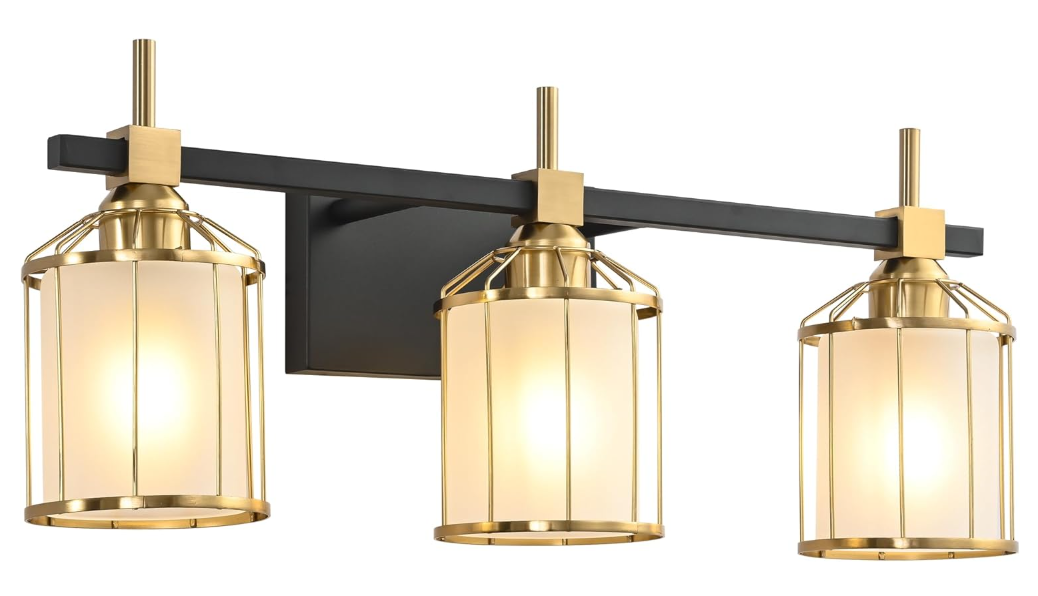 SOLFART 3 Lights Bathroom Light Fixtures Over Mirror Bathroom Lights Over Mirror Vanity Lights for Bathroom Black Brass Light Fixture Frosted Glass 3T