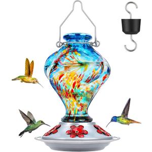Hummingbird Feeder, BOLITE Glass Hummingbird Feeders for Outdoors Hanging, Hand Blown Twisted with Ant Moat, 5 Bee-Proof Ports, 360 Perch, Leak-Proof, 24oz, Blue, Gifts for Mom Dad Women Men