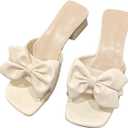 Women's Bow Tie Chunky Heel Sandals Fashion Cute Open Square Toe Slip On Low Block Heel Slide Sandals Summer Wedding Dress Shoes Pumps Tan Size 41