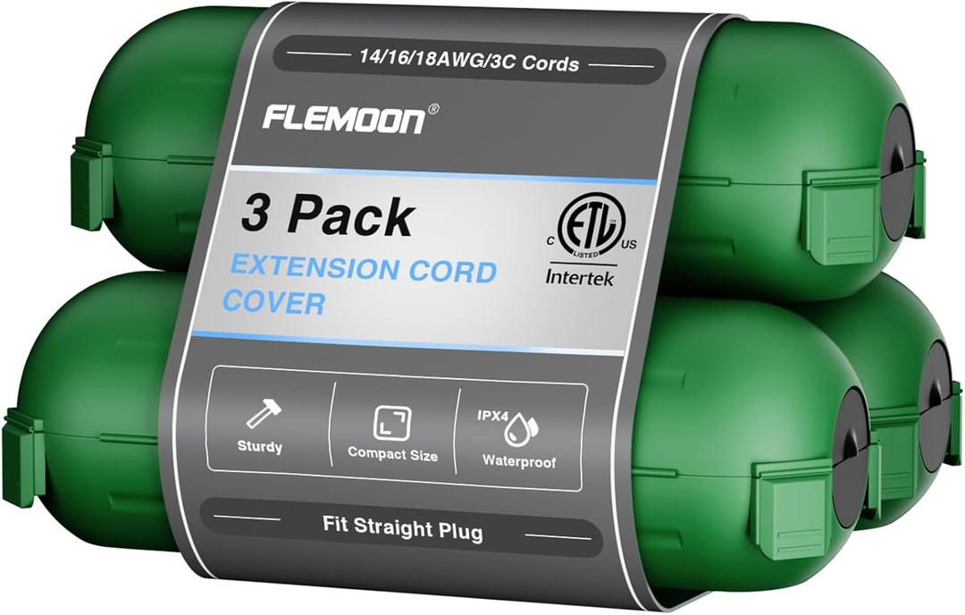 Flemoon [3 Pack] Outdoor Extension Cord Safety Cover, IPX4 Weatherproof Electrical Box to Protect Outdoor Outlet, Plug, Socket, Halloween, Christmas Holiday Decoration Light, Green