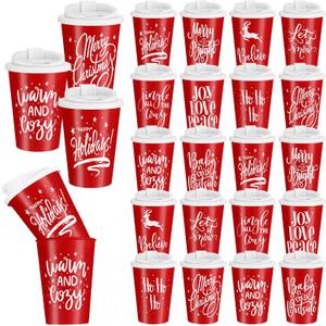 Sliner 20 Pcs Christmas Reusable Coffee Cups with Lids Bulk 12 oz Christmas Plastic Cup Gifts Xmas Drinks Tumblers with Snowflake for Coworkers Family Winter Party Favors (Red)