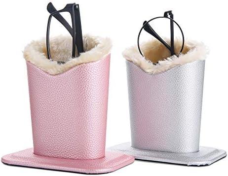 Siveit Plush Lined Eyeglass Holder, PU Leather Eyeglass Case, Anti-Scratch Glasses Storage Organizer for Desk Office Nightstand, Pack of 2(Silver, Pink)