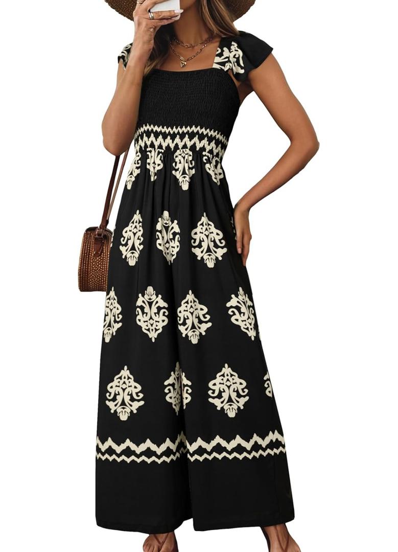 Happy Sailed Womens Summer Jumpsuits Printed Square Neck High Waisted Pockets Wide Leg Rompers Beach Fashion Vacation Outfits XL, Black