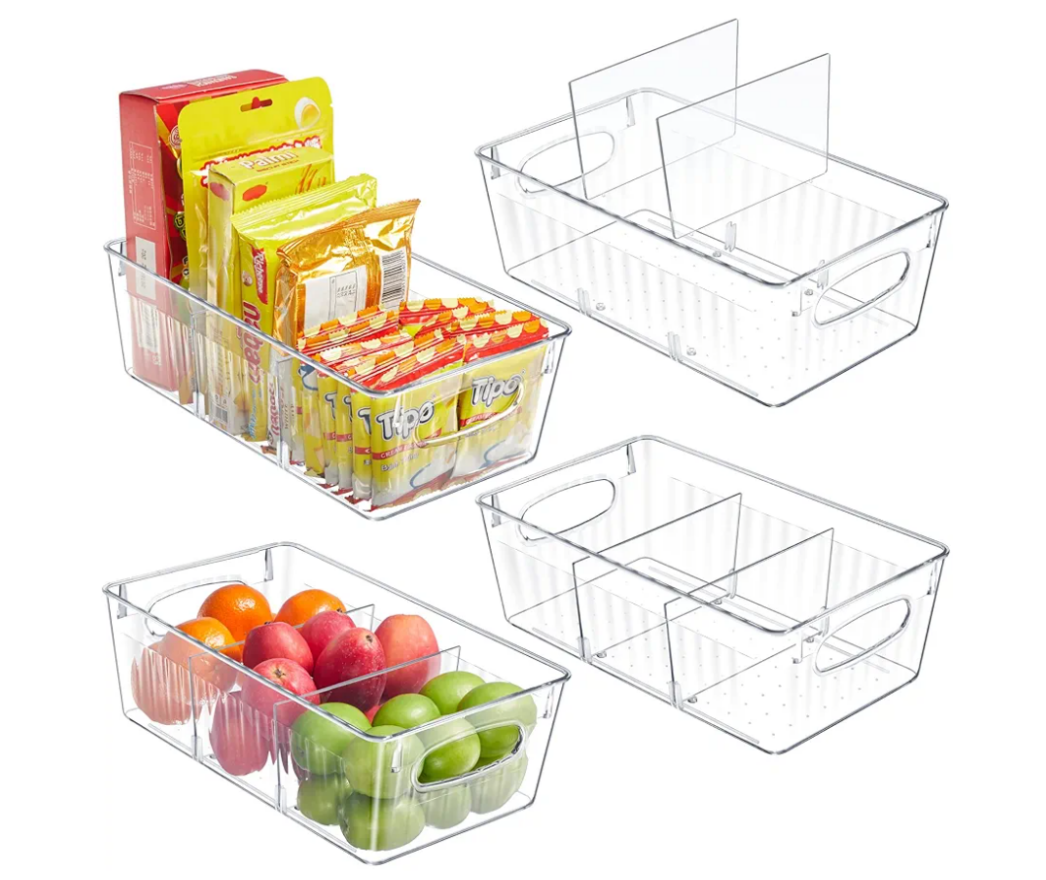 Kootek Refrigerator Organizer Bins with Removable Dividers, Freezer Organizer Bins Clear Pantry Organization and Storage Bins, Plastic Stackable Food Storage Bins for Fridge, Kitchen, Cabinet (4 Pack)
