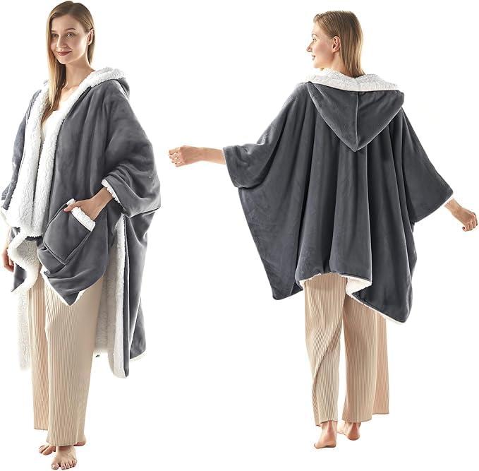 Wearable Heated Blanket - Fast Warm Up Electric Blanket Hoodie with 6 Heat Levels, Snuggies for women, gifts for her, 50"x60", London Grey