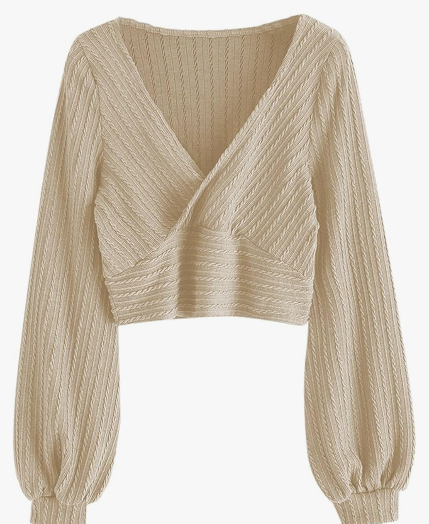 ZAFUL Women's Pullover Ribbed Cropped Knitwear Drawstring Ruched Knitted Crop Top Solid V-Neck Long Sleeve T-Shirt Size S