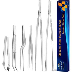JETKONG 6 Pcs Cooking Tweezer Tongs, 12'' and 6.3" Stainless Steel Kitchen Tweezer Set, Professional Chef Tweezers for Cooking, Repairing, Sea Food, BBQ, Multi-use (Silver)