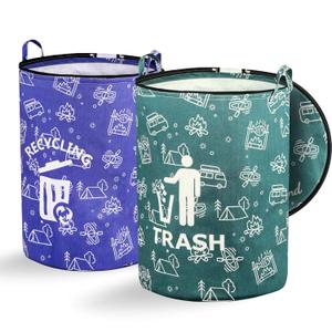 2 Pcs 30 Gallon Collapsible Trash Can Portable Waterproof Reusable with Zippered Lid for RV's, Camping, Recycling, Yard Waste, Leaf Bag, Children Toy Bin, Hiking, TravelWeeds Basket (Green and Blue)