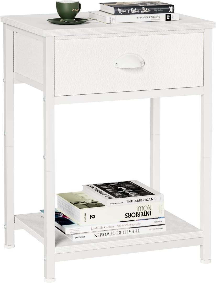 Furologee White Nightstand with Fabric Drawer, Small Side Table for Small Spaces, 2 Tiers Storage Shelves End Table, Night Stand for Living Room, Bedroom, Dorm (1)