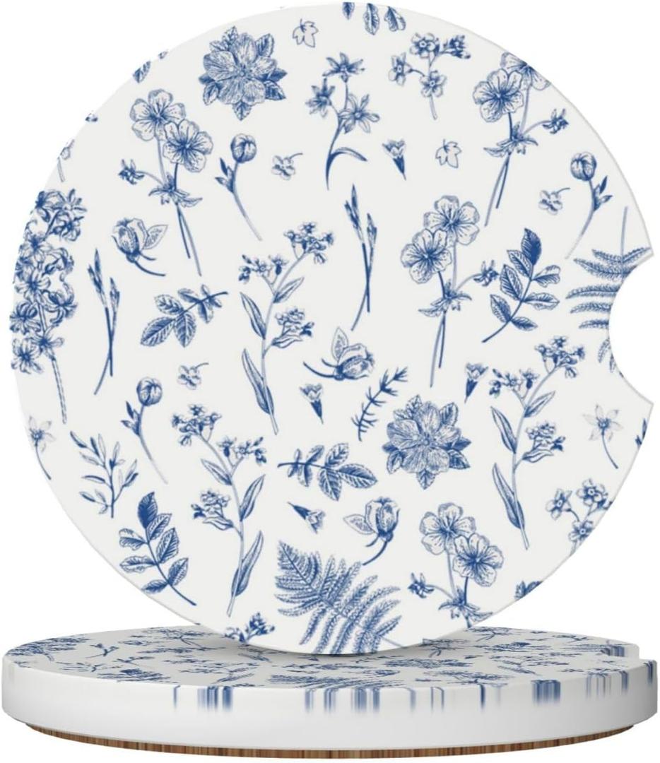 Vintage Blue Flower Car Coasters for Cup Holder Absorbent Ceramic Cup Coaster 2 Pack Anti Slip Car Interior Accessories with Finger Notch Cork Base for Women Men 2.56"