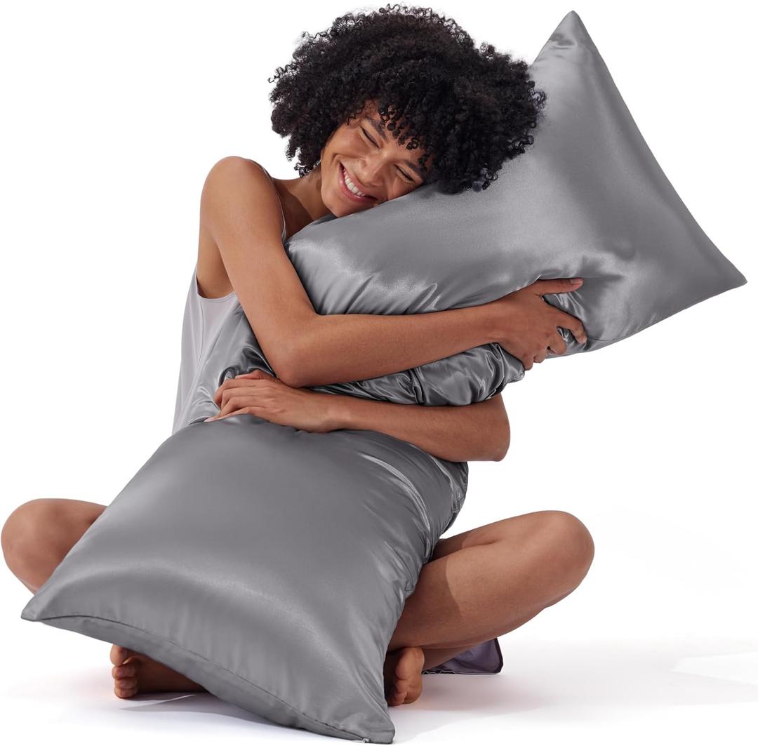 Bedsure Satin Body Pillow Pillowcase, Similar to Silk Body Pillow Cover with Zipper, Soft & Breathable Long Pillow Case, Cooling & Silky Long Pillowcase for Hair and Skin, Dark Grey, 20x54 Inches