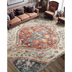 CAPALOCA 8x10 Area Rugs for Living Room Machine Washable Vintage Boho Rugs Bedroom Carpet Rugs Non Slip Low Pile Water Repellent Soft Distressed Indoor Decor polyester Area Rug, Orange/Red/Blue