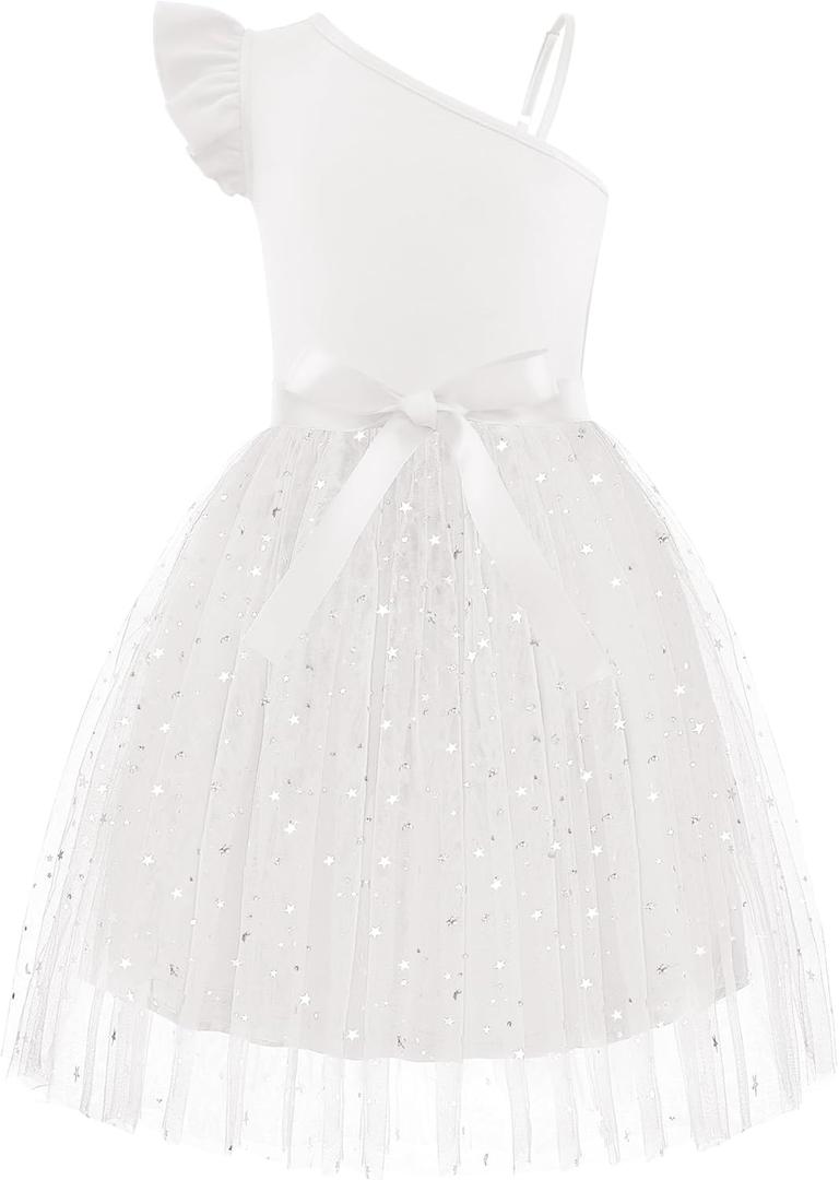 Arshiner Girls Dresses Summer One Shoulder Ruffle Sleeveless Formal Fancy Party Birthday Tulle Dress with Belted (White)