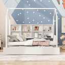 Merax Wood Twin Montessori Daybed with Trundle and Book Shelf Low Sofa Day Bed for Boys Girls No Box Spring Needed White
