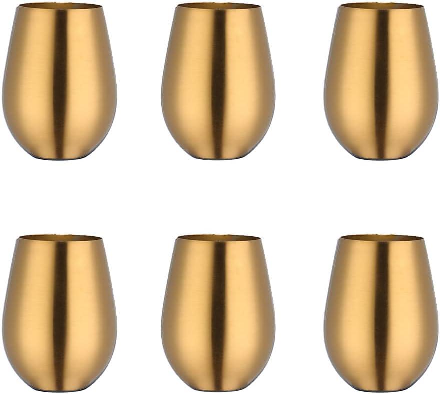 6 Pack Stemless Tumbler Glass, 17 OZ 18/8 Stainless Steel Unbreakable Glasses, Beer Glasses Cup Beer Mugs Set for Cocktails, Beer, Champaign, Whiskey, Juice (Gold)
