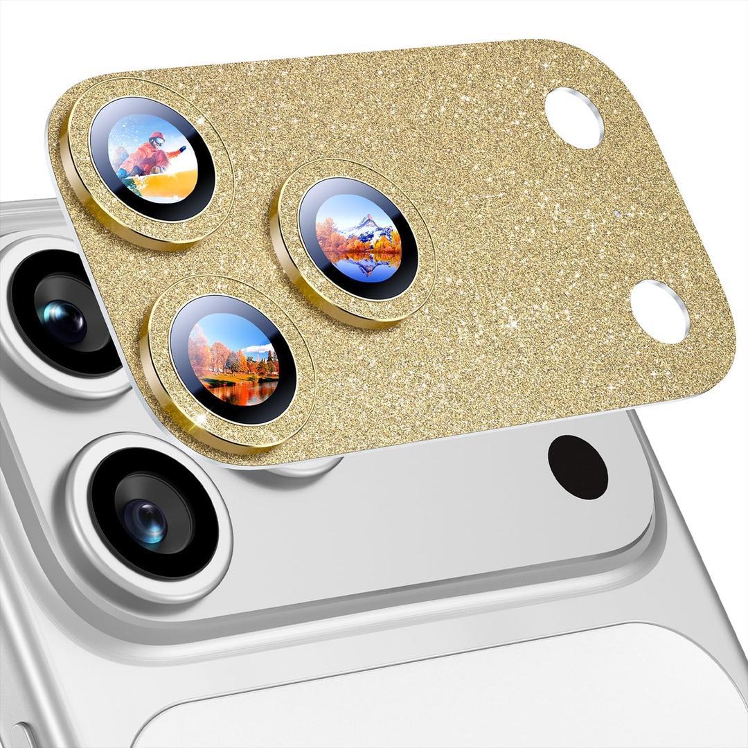 Uyiton for iPhone 17-Pro-Max Camera-Lens Protector: Bling [Not Easy to Break][Strong Adsorption][Case-Friendly] Metal Tempered Glass Rear Camera Screen Cover - Glitter Gold