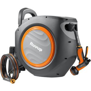 Ruvup Retractable Garden Hose Reel, 1/2 x 110ft+6.5ft Automatic Water Hoses Reels for Outside with 10 Pattern Nozzle, UV Resistant Wall Mount Slow Retraction Any Length Lock 180 Swivel Bracket