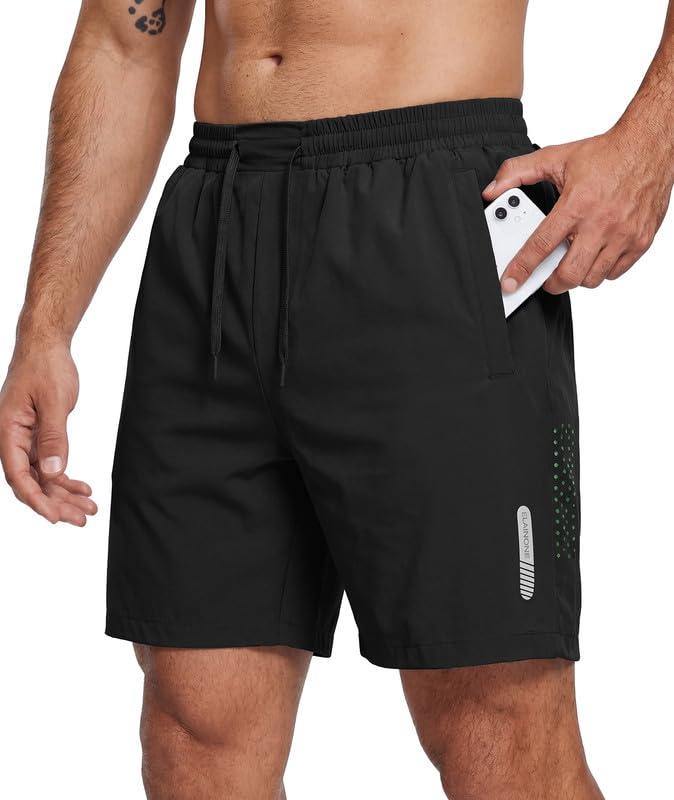 PRIVIMIX Mens Quick Dry 7 Inch Gym Shorts with Zipper Pockets Stretch Athletic Shorts for Running Workout Black M (M)