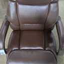 La-Z-Boy Delano Big & Tall Executive Office Chair, Ergonomic Mid-Back Lumbar Support, ComfortCore Memory Foam Cushion, Weathered Gray Wood Arms & Swivel Base, Bonded Leather, Chestnut Brown