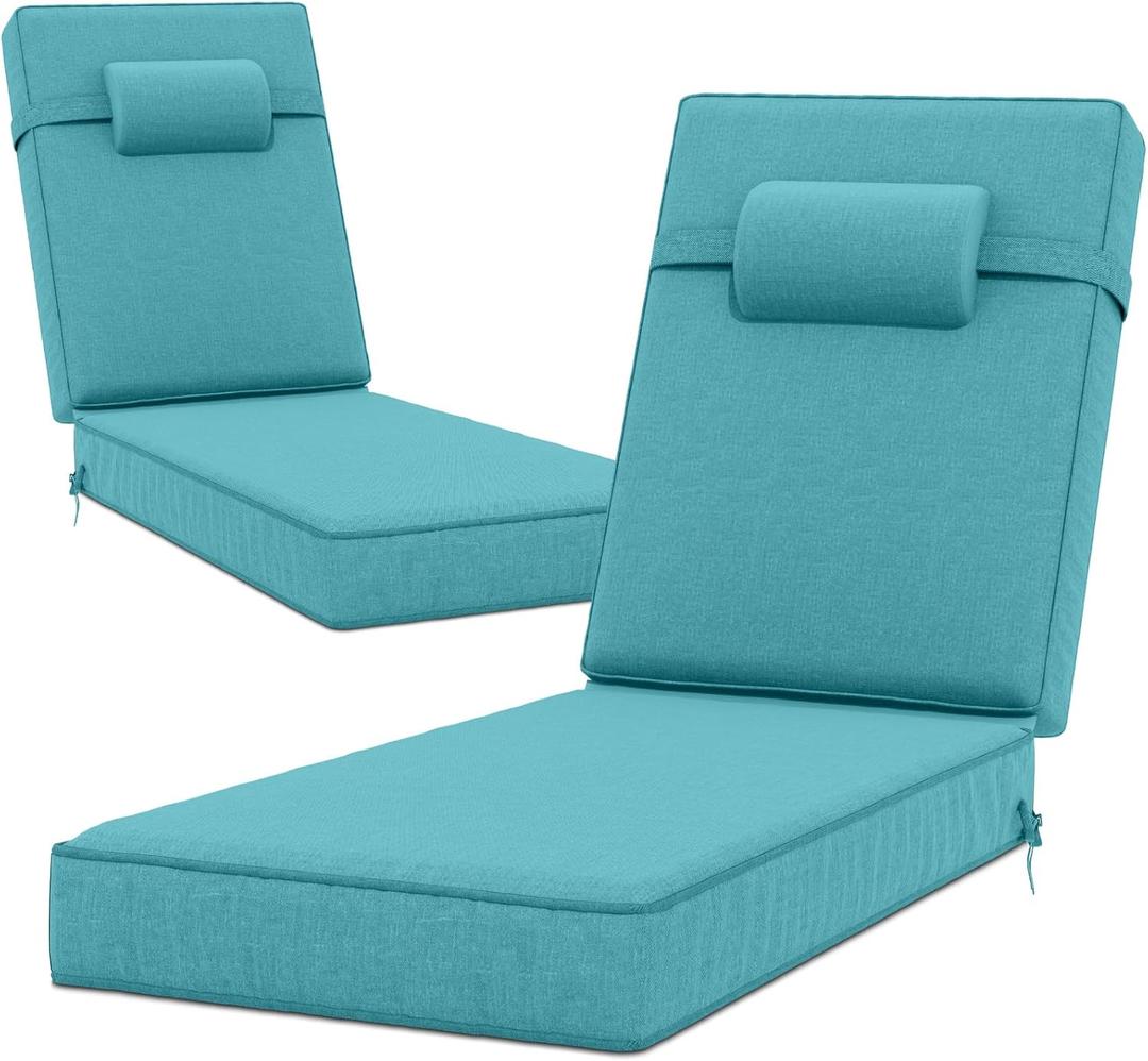 72 x 21 x 4 Inch Olefin Chaise Lounge Cushions, Lounge Chair Cushions with Headrest for Outdoor Furniture - Weather and Fade Resistant Patio Replacement Furniture Lounge Chair Cushion Set of 2 (Lake Blue)