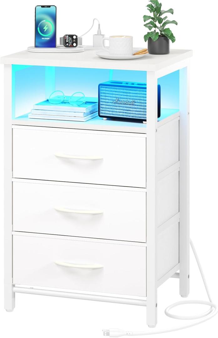 Yoobure Night Stand with Charging Station, 16 Colors LED Nightstand with USB Ports and Outlets, End Table with 3 Fabric Drawers and Storage Shelf, Bedside Tables Small Dresser for Small Space White