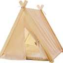 Solid Wood Indoor Pet Tent With Thick Mat - Portable Cat and Dog House Teepee, Cute Cave Bed (Off White)