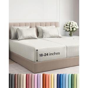 Extra Deep Split King Sheet Set - 7 Piece Breathable and Cooling Sheets - Hotel Luxury Bedding for Women, Men, Kids & Teens - Secure Fit - Soft and Wrinkle Free - Extra Deep Pockets - Beige Stripes