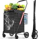3.7 Cu Ft Folding Shopping Cart - 380 LB Capacity Grocery Cart with 360 Braked Swivel Wheels - Heavy Duty Utility Cart with Double Basket & Removable Waterproof Liner with Lid for Laundry