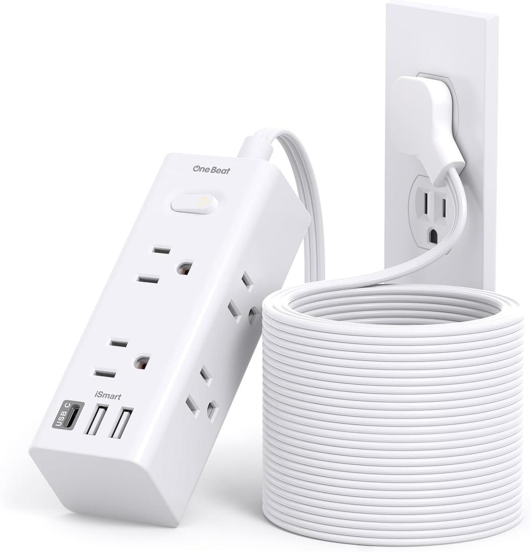 25Ft Extension Cord with Multiple Outlets, Flat Plug Power Strip Surge Protector with 25 Ft Long Cord, 6 Outlet 3 USB Ports (1 USB C), Multi Outlet Wall Plug for Travel, College, Dorm Room Essentials (White)