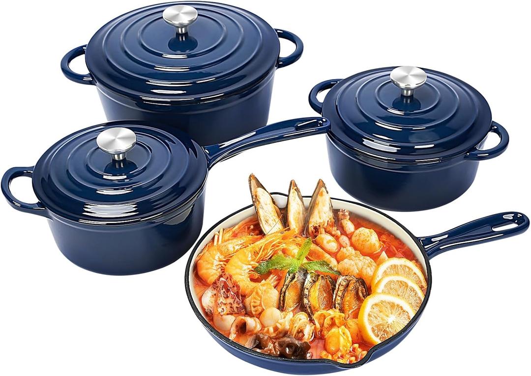 QuliMetal Nonstick Enameled Cast Iron Cookware Set, Frying Pan Skillet- 7-Pcs Pots and Pans with Lid, Healthy Round Dutch Oven Pot for Sourdough Bread Baking, Oven Safe up to 500 F or on All Stovetop