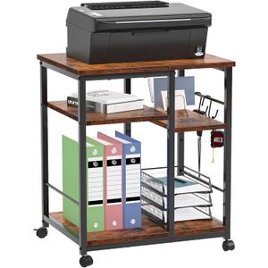 Furologee 3 Tier Printer Stand for Home Office Organization, Mobile Printer Cart with Wheels and 2 Hooks, Under Desk Shelf with Storage, for Living Room, Kitchen, Rustic Brown