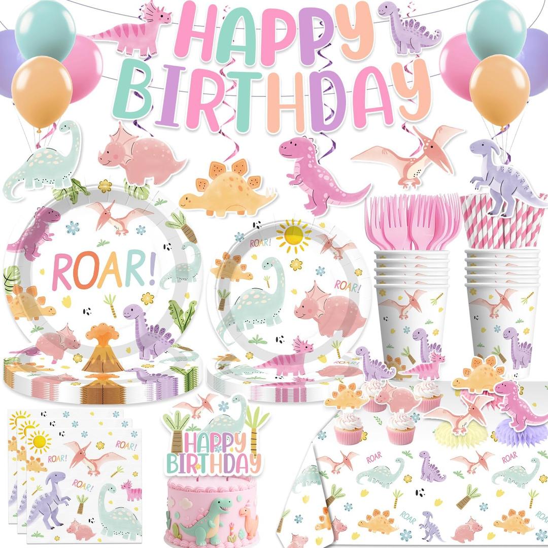 Xynic 201 Pcs Pastel Dinosaur Birthday Decorations Girl, Dinosaur Birthday Banner, Cupcake Toppers, Disposable Table Cloth, Plates and Napkins Pink Watercolor Cute Girls Dino Theme Party Supplies, 25 Guests
