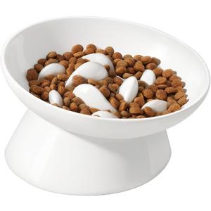 PETTOM Slow Feeder Cat Bowl, Ceramic Raised Cat Slow Feeder Bowl, Elevated, Anti Vomiting for Dry and Wet Food, White (1 Pack)
