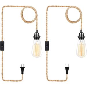 Industrial Hanging Light with Plug in Cord - Hemp Rope On/Off Switch, Farmhouse Pendant Light for Dining Room