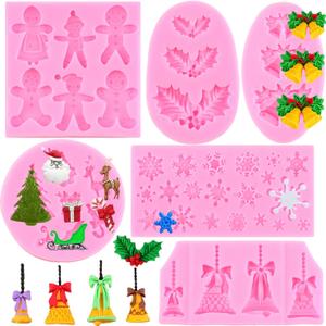 3 x Christmas Silicone Molds Christmas Tree Fondant Mold Christmas Bell Gingerbread Snowflake Reindeer Holly Leaves Molds For Xmas New Year Party Cake Cupcake Decoration Set Of 6