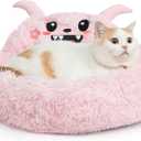 Hollypet Self-Warming Donut Pet Bed Luxury Cozy Nest Monster Sleeping Bed Round Faux Fur Bed for Cats, Pink