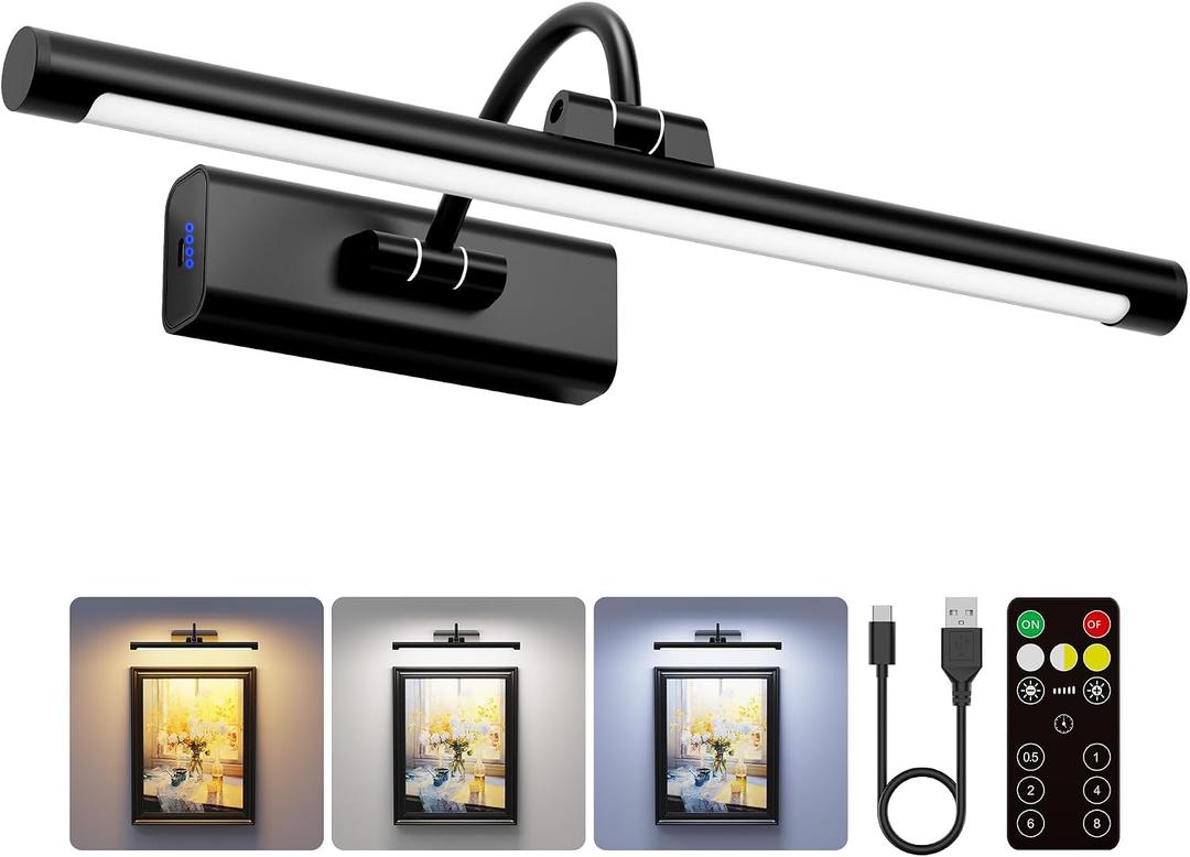 16" Picture Light with 6000mAh Battery - Black Operated Wireless Wall Sconce with Remote & Timer for Paintings, Photos & Frames, 16IN 1Pack